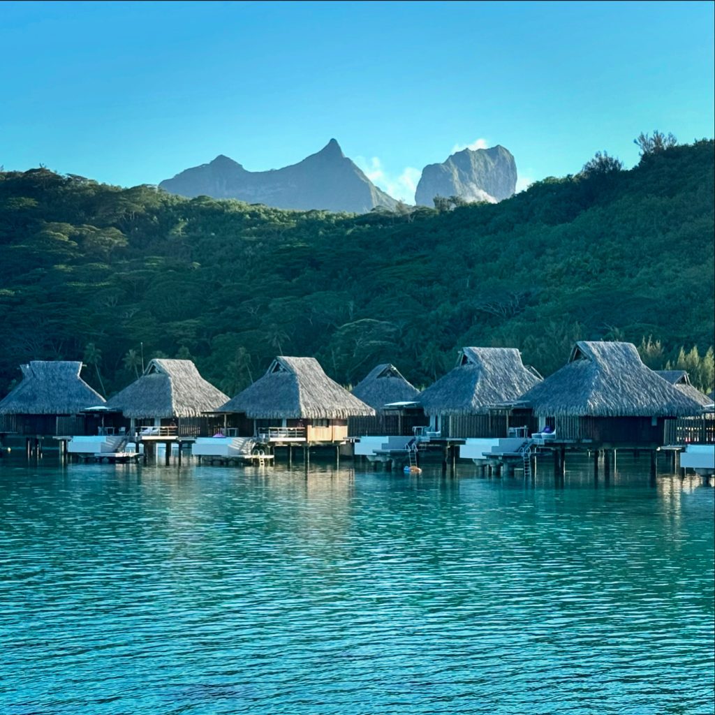 The morning view of overwater bungalows in Conrad, Bora Bora