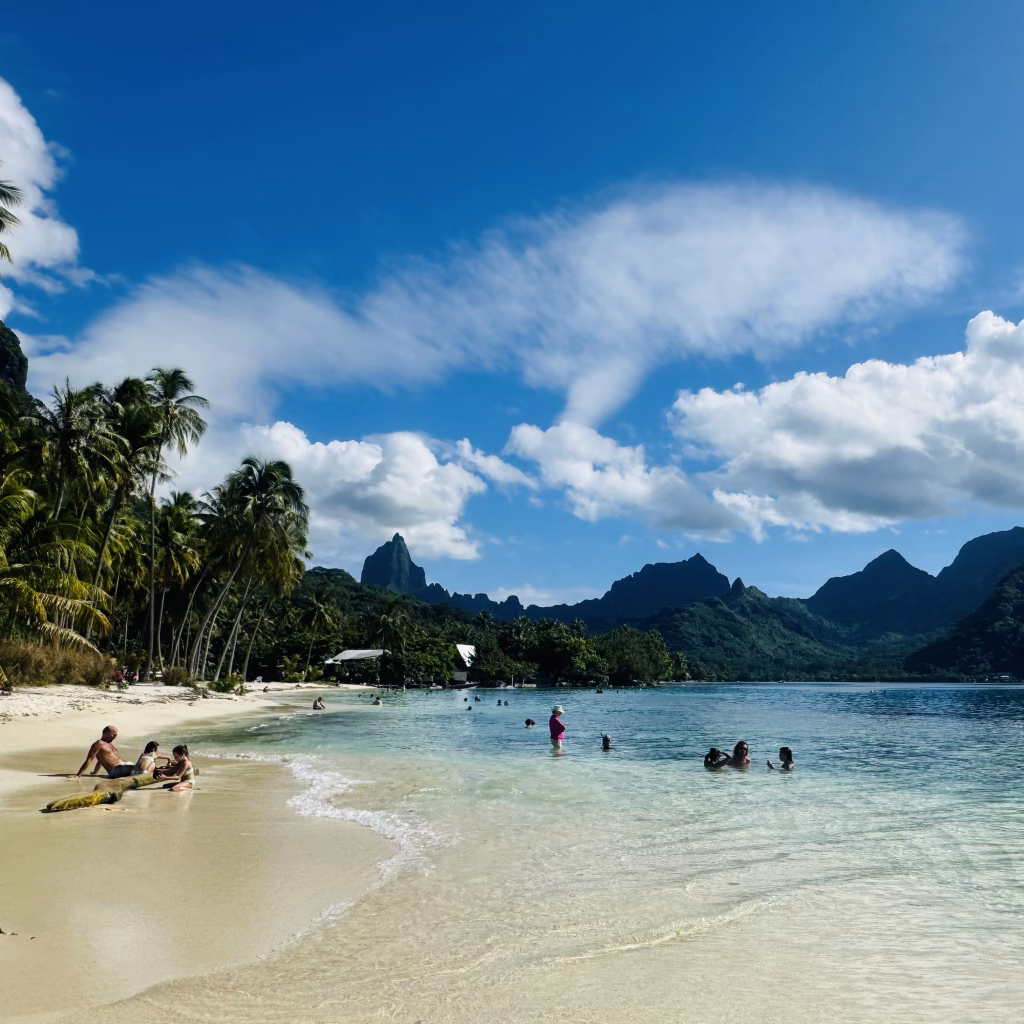 Plage de Ta'ahiamanu, a beautiful public beach with soft white sand, calm turquoise waters, and plenty of coconut trees.