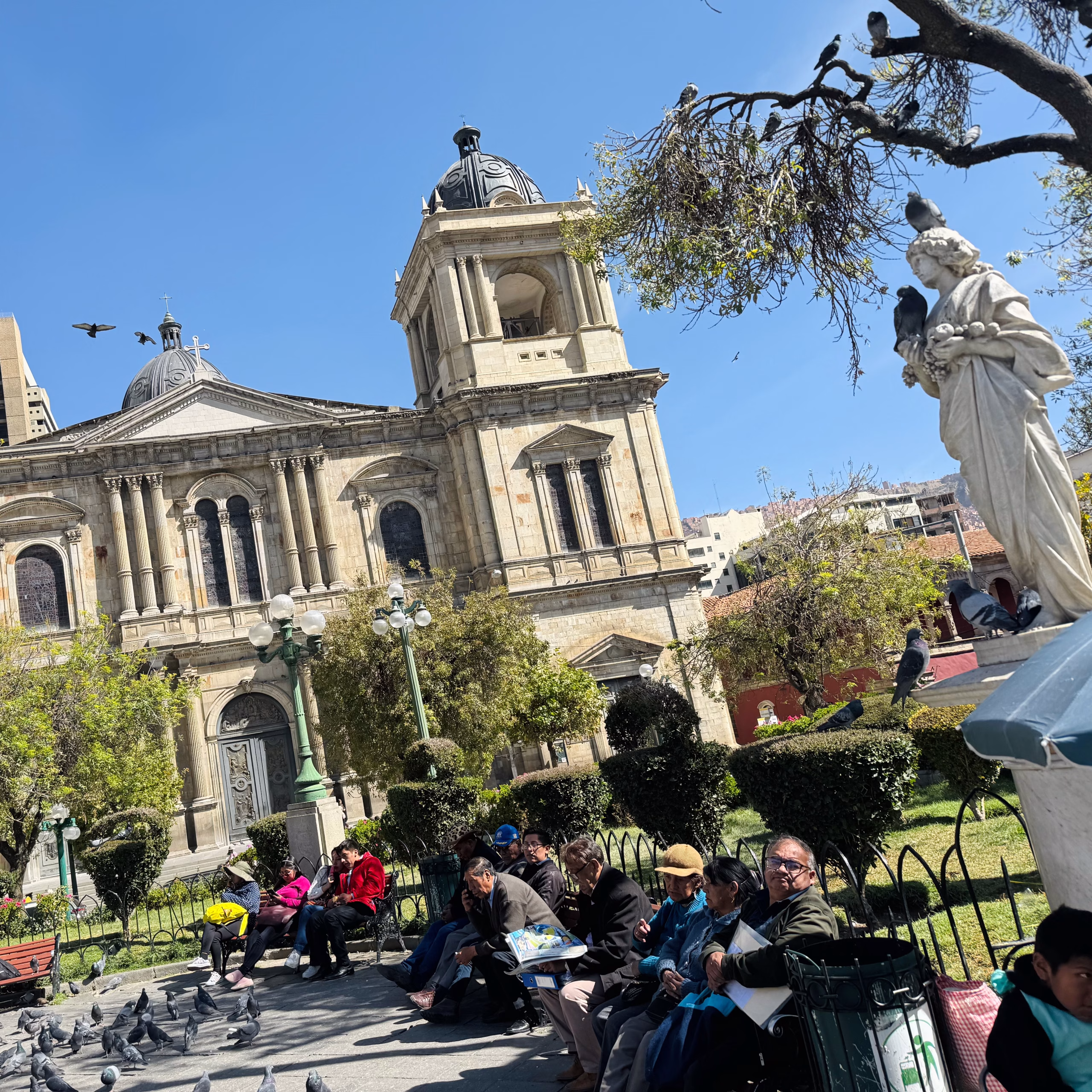 People sitting on benches and feeding pigeons in Plaza Murillo, La Paz, Bolivia, with the grand Metropolitan Cathedral and a statue of a woman holding flowers in the background under a clear blue sky.
