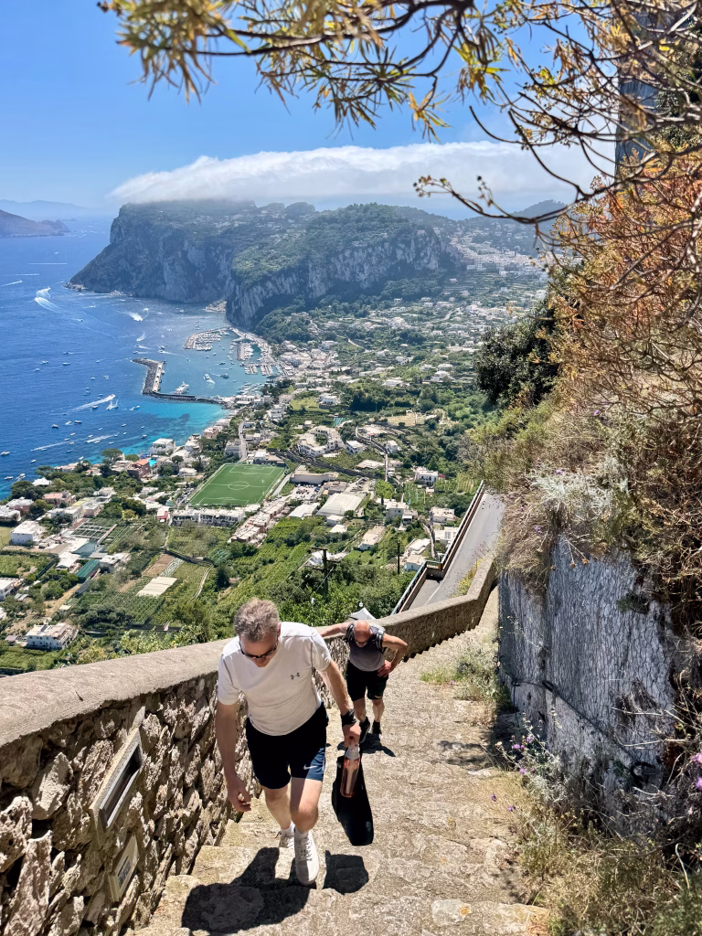 Two people ascend the steep, stone Phoenician Steps on the island of Capri, Italy. The ancient staircase winds sharply through dense Mediterranean greenery, leading to a higher elevation. In the background, the island's coastline unfolds, revealing cliffs, a marina, pastel buildings, and the shimmering sea beneath a clear sky.