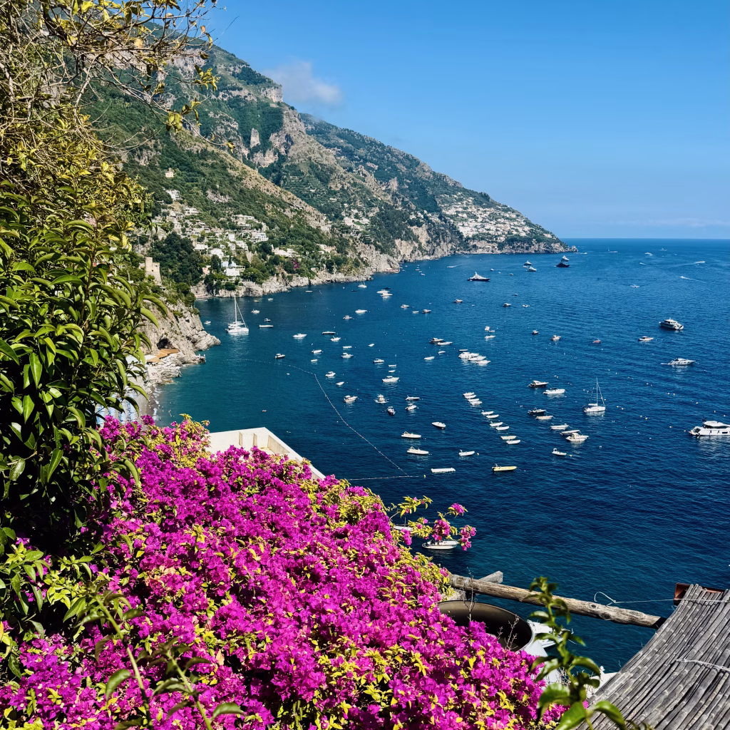 Vibrant pink bougainvillea in the foreground with boats scattered across the deep blue sea along Positano’s rugged coastline.